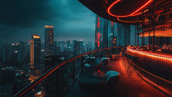 One Last Night single cover, a neon-lit view of a cityscape from an empty bar